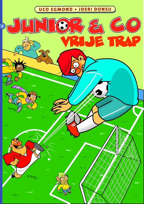 Stripboekcover Junior & Co 3 - Vrije trap met cartoon van een keeper die een bal probeert te vangen.