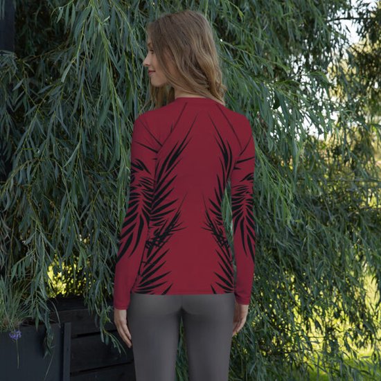 Rashguard – design Power Up - Dry Fit - Haute Performance - 4way stretch - impression unique - UV 38/40 - Running - Yoga - Fitness - Danse - Pilates - Training - Shirt Long Sleeve - dames - warm red black - taille 2XL