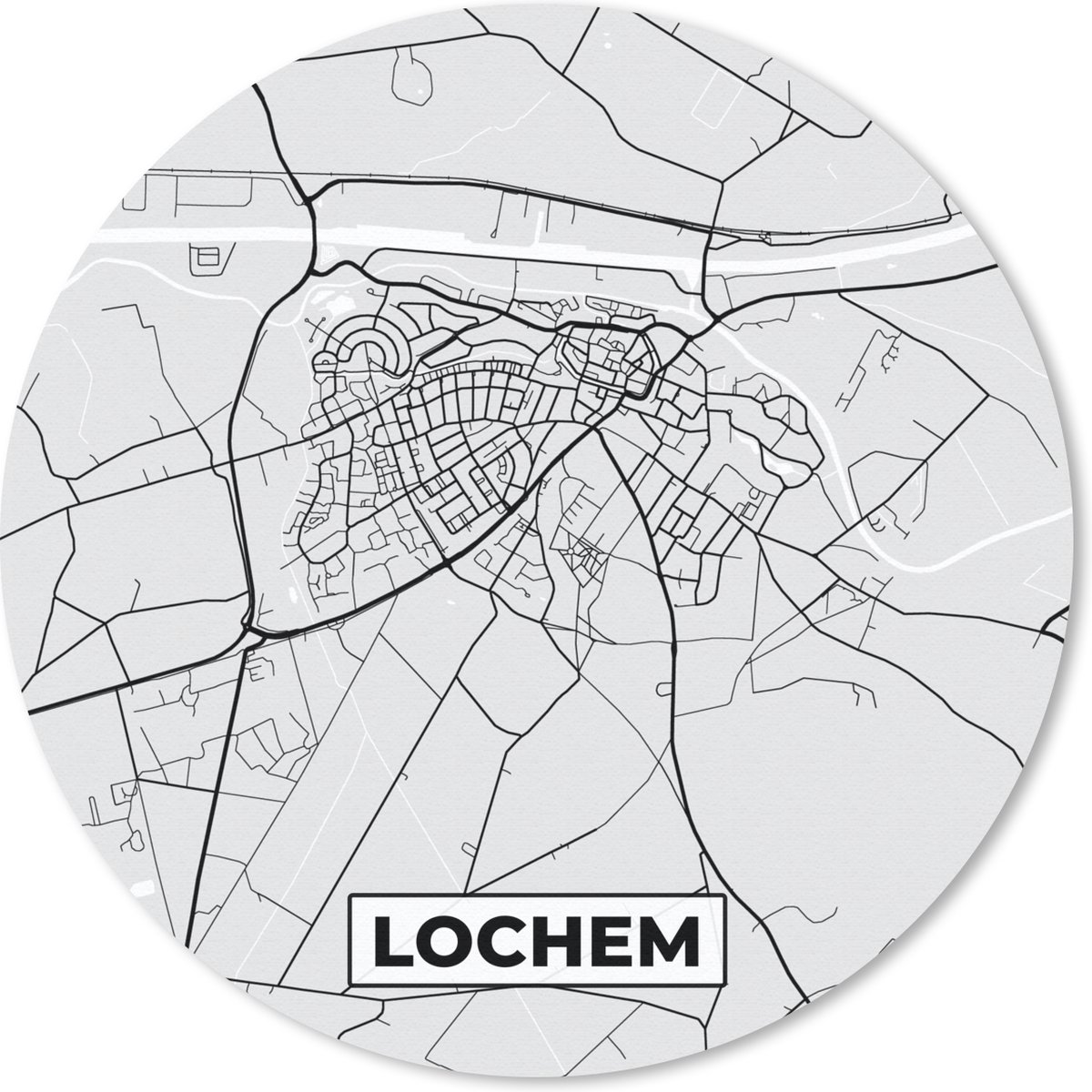 Muismat rond 40x40 cm - Mousepad Lochem - Stadskaart - Kaart - Zwart Wit - Plattegrond - Nederland - Ronde muismatten - Stadskaart