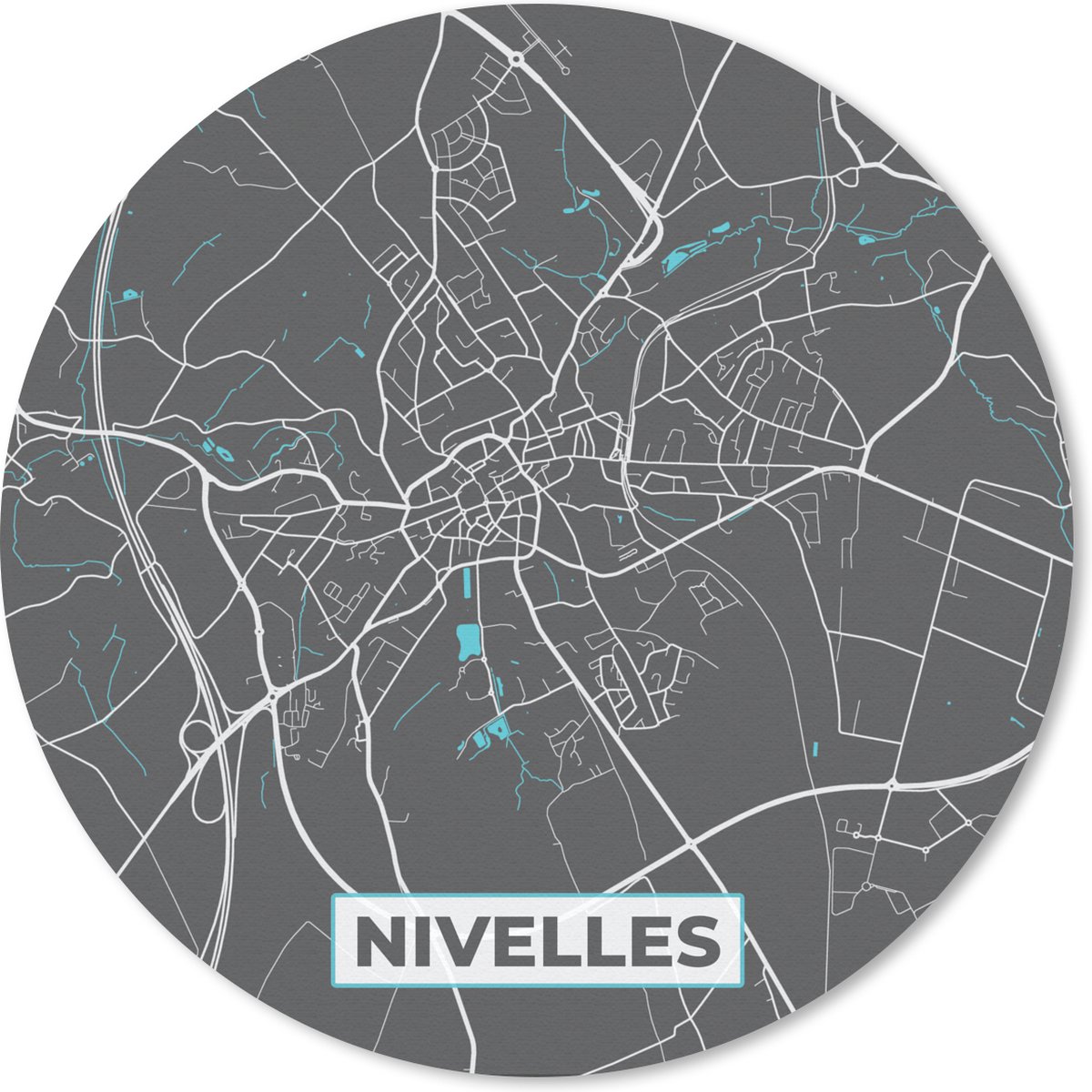 Muismat rond 30x30 cm - Mousepad Stadskaart – Grijs - Kaart – Nivelles – België – Plattegrond - Ronde muismatten - Stadskaart