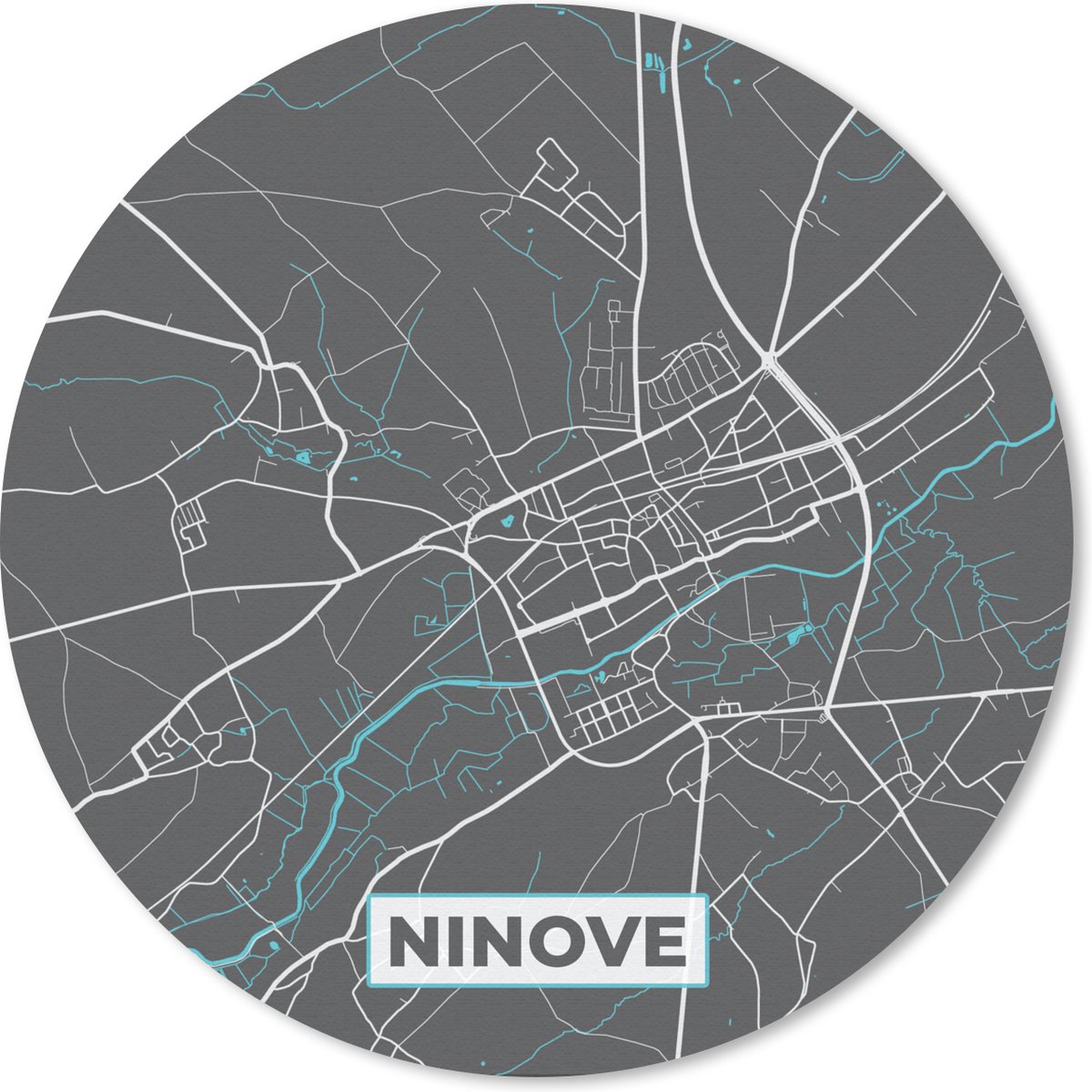 Muismat rond 40x40 cm - Mousepad België – Ninove – Stadskaart – Kaart – Blauw – Plattegrond - Ronde muismatten - Stadskaart