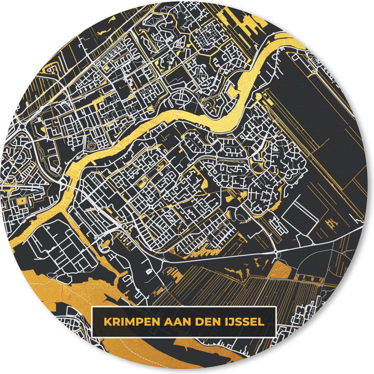 Muismat rond 50x50 cm - Mousepad Krimpen aan de IJssel - Stadskaart - Kaarten - Plattegrond - Back and Gold - Ronde muismatten - Stadskaart