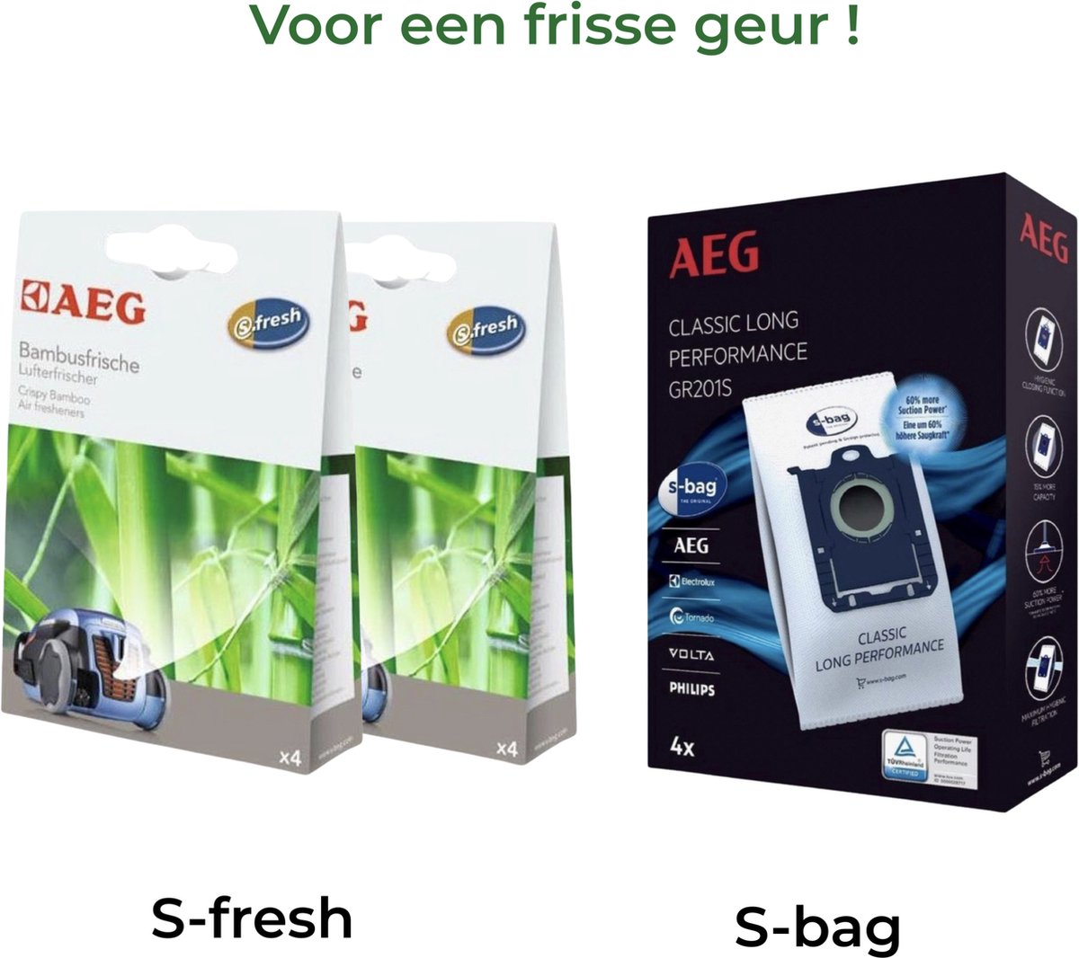 AEG - 1x S-BAG stofzuigerzakken + 2x S-FRESH Geurkorrels (crispy bamboo) - Air fresheners - Geurparels - Voor Stofzuigers - COMBIDEAL