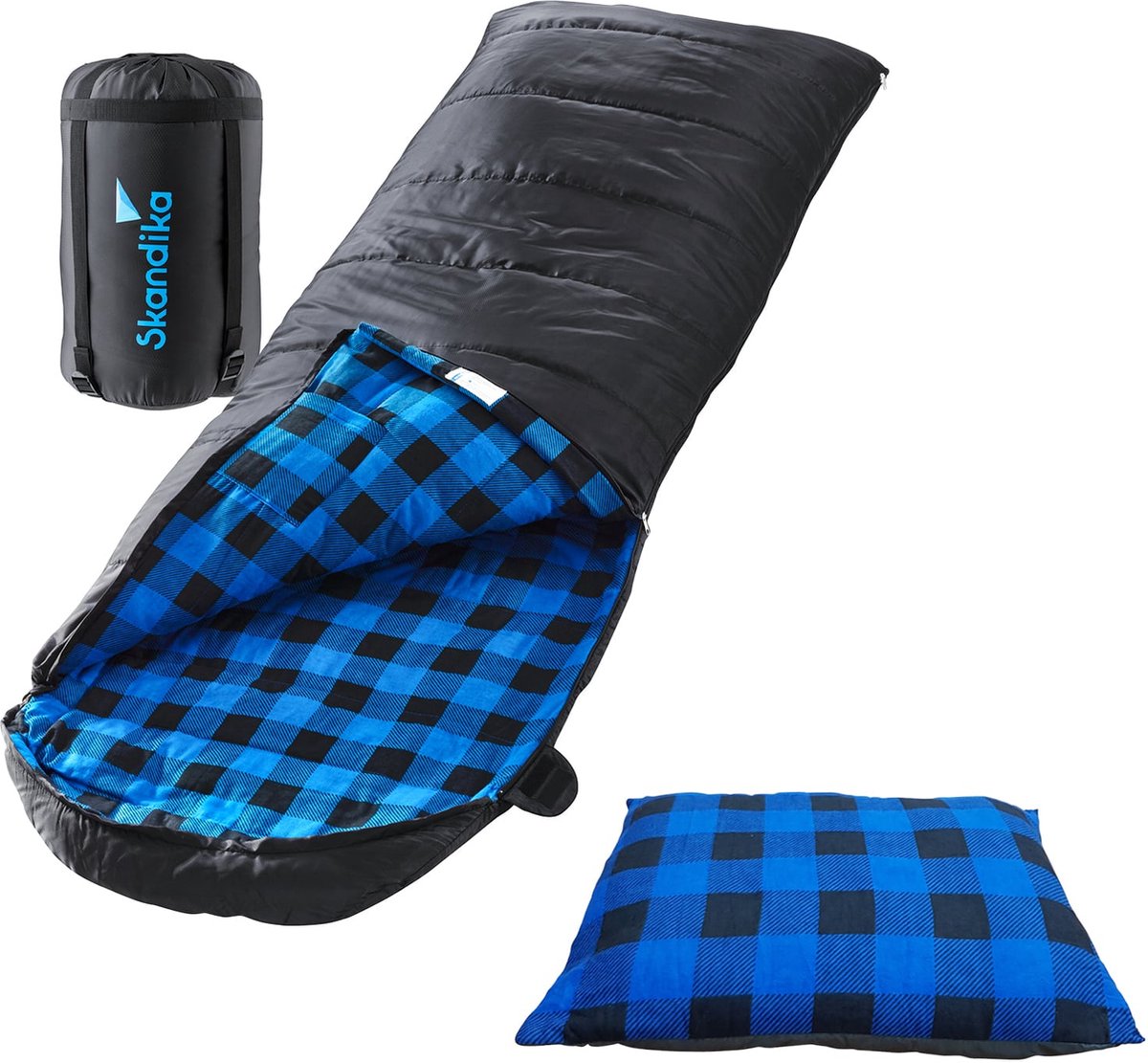 Skandika Dundee Flannel Slaapzak Bundle – Slaapzakken – Slaapzakken volwassen - Unisex - Katoen luxe kwaliteit dubbele slaapzak 3 seizoenen comforttemperatuur tot -20°C - 220 x 80 cm - Outdoor kampeerslaapzak - zwart/blauw