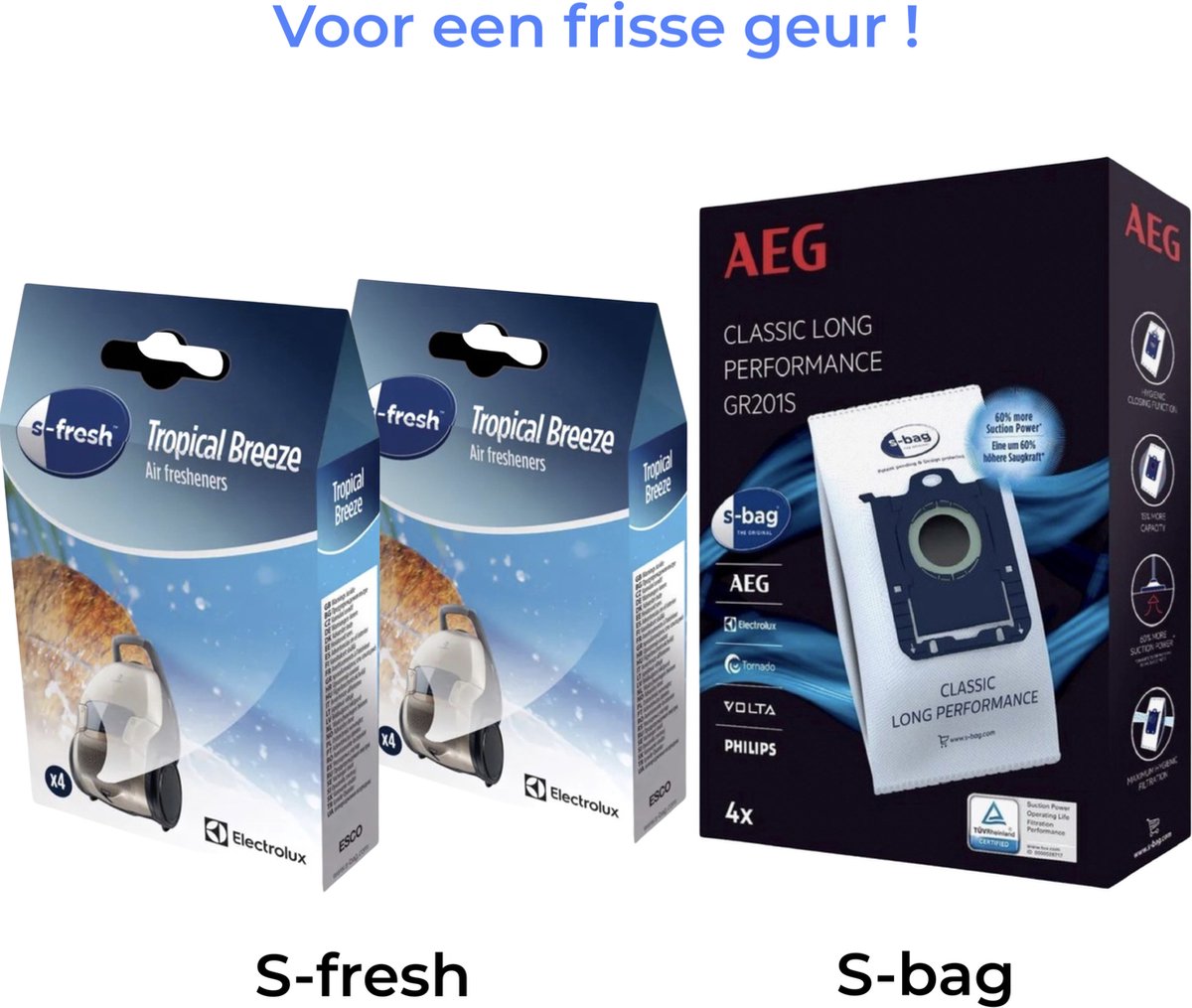 AEG - 1x S-BAG stofzuigerzakken + 2x S-FRESH Geurkorrels (tropical breeze) - Air fresheners - Geurparels - Voor Stofzuigers - COMBIDEAL