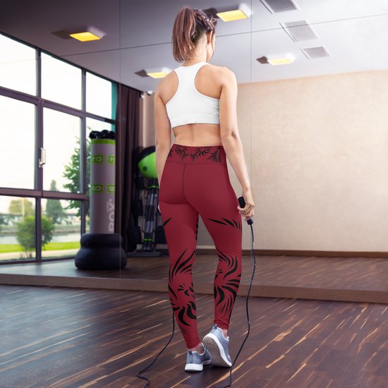 Sportlegging - Capri 3/4 - design Power Up - High Waist - Dry Fit - High Performance - 4way stretch- unieke print - UPF 50+ - Hardloop - Yoga - Fitness - Dans - Pilates - Training - sportbroek - warmrood zwart - maat M — afbeelding 4