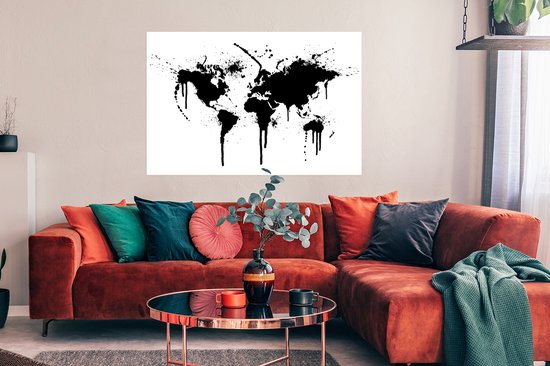 Wereldkaart zwarte inkt poster | Wereldkaart Poster 120x90 cm