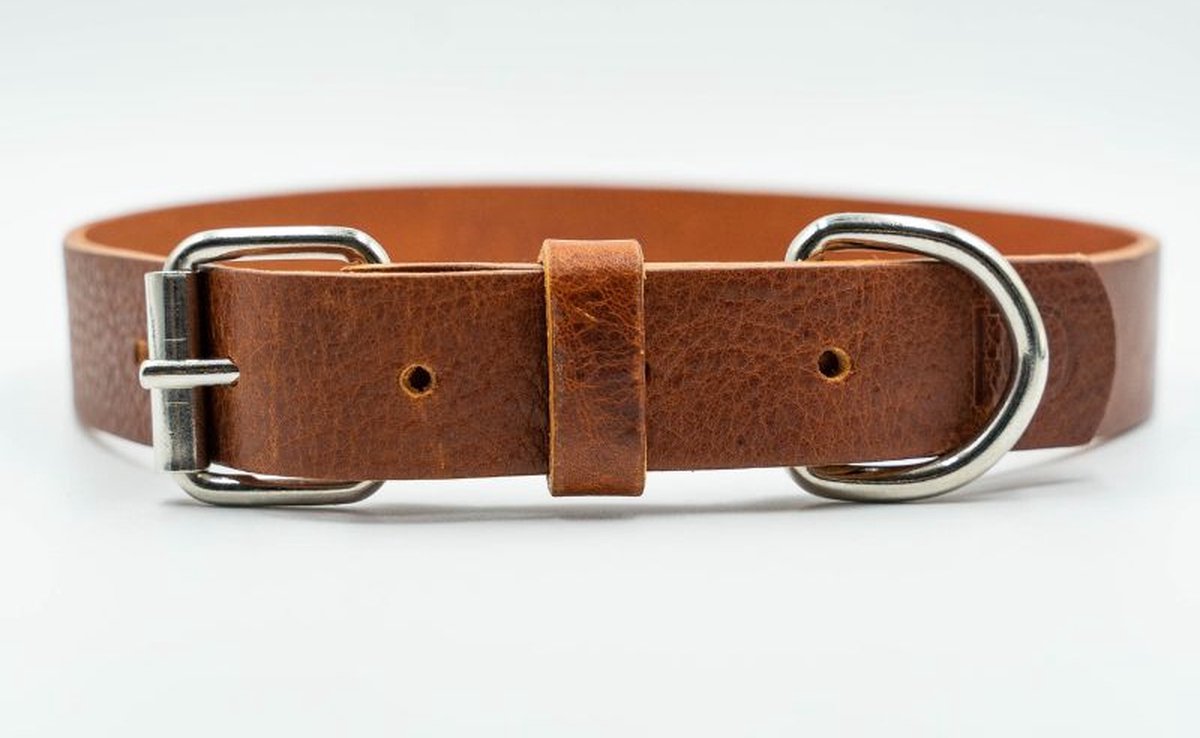 Boef The Label - Leren halsband voor honden - Halsband - Leer - Rustic cognac - Cognac - Maat S - 23 tot 35 cm
