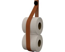 Leren toiletrol-voorraadhouder, met zuignap én schroef - Handles and more® | leer: COGNAC / knop: Zwart (reserverolhouder - toiletrolhouder - toiletrollen houder - toilet rol voorraad houder)