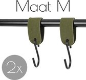 2x Leren S-haak hangers - Handles and more® | SUEDE OLIVE - maat M  (Leren S-haken - S haken - handdoekkaakje - kapstokhaak - ophanghaken)
