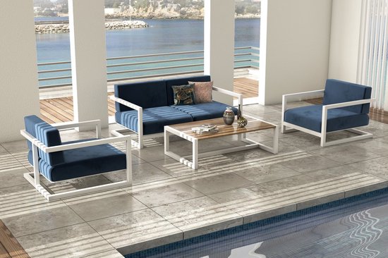 Zenio Olympos loungeset - 4-delig - Wit - Marineblauwe stof - voor 4 personnen - TREND  HOME