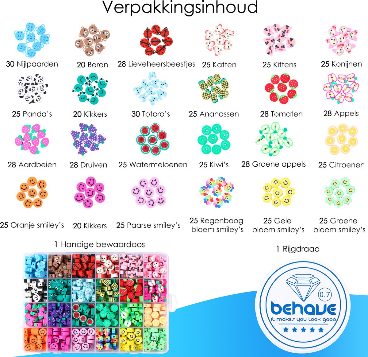Behave Polymeer Kralen Set - Knutselen Meisjes - Klei Kralen - 615-Delig - 10 mm — afbeelding 6