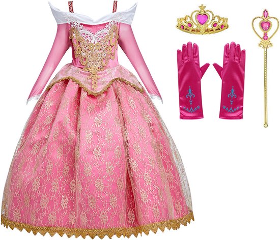 Prinsessenjurk Meisje - Roze Jurk - Verkleedkleren Meisje - maat 152 (140) - Prinsessen Verkleedkleding - Kroon - Toverstaf - Handschoenen - Carnavalskleding Kinderen - Kleed - Verjaardag meisje - Cadeau meisje