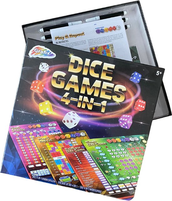 Thumbnail van een extra afbeelding van het spel Grafix | Dice Games 4-in-1 Dobbelspellen | Gezelschapsspel voor kinderen en volwassenen | Combinatie van tactiek- en geluk