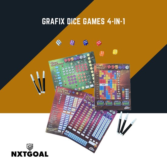 Thumbnail van een extra afbeelding van het spel Grafix | Dice Games 4-in-1 Dobbelspellen | Gezelschapsspel voor kinderen en volwassenen | Combinatie van tactiek- en geluk