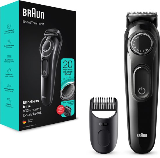 Braun Baardtrimmer 3 BT3324, Baardtrimmer Voor Mannen, Haartrimmer, Voor Gezicht, Haar