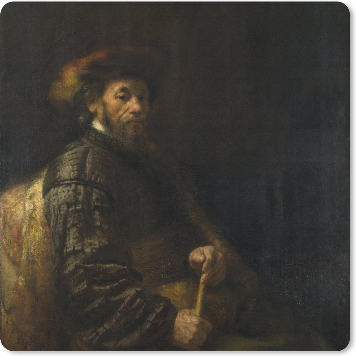 Muismat XXL 50x50 cm - Bureau onderlegger - Bureau mat Zittende man met een stok - Schilderij van Rembrandt van Rijn - Bureaumat - Gaming mousepad xl - Bureaulegger groot - Computer deskmat