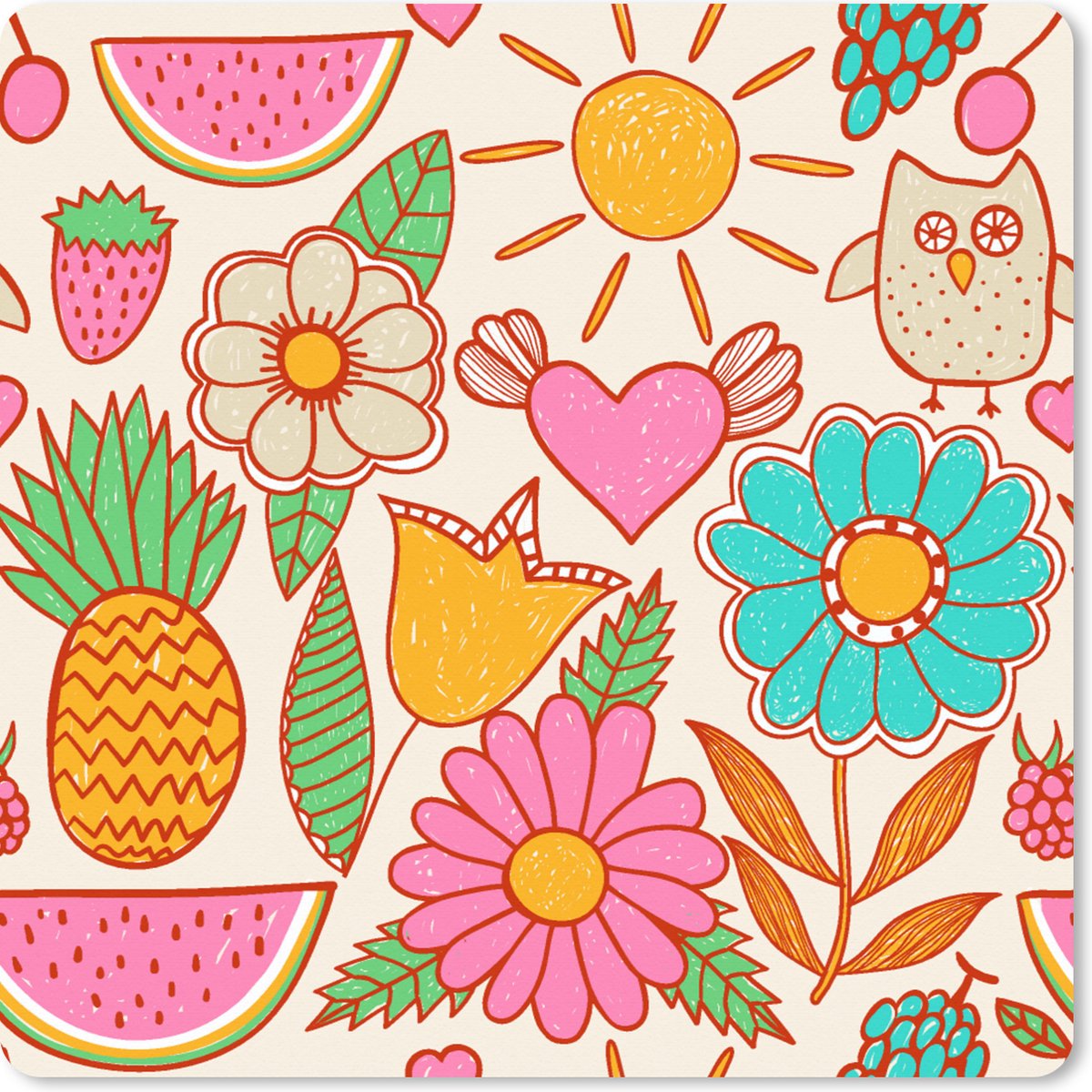 Muismat XXL 80x80 cm - Bureau onderlegger - Bureau mat Uil - Regenboog - Bloemen - Kinderen - Patroon - Bureaumat - Gaming mousepad xl - Bureaulegger groot - Computer deskmat
