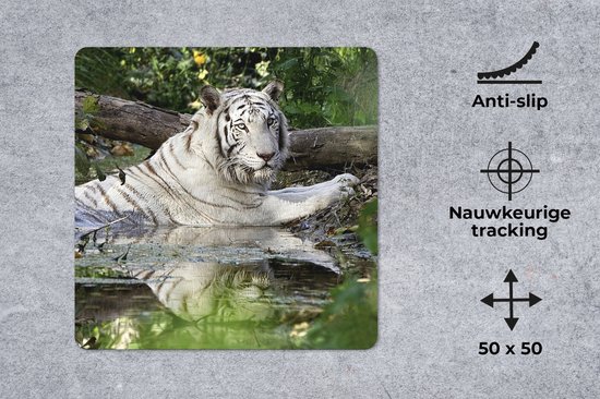 Muismat XXL 50x50 cm - Bureau onderlegger - Bureau mat Witte tijger in het water - Bureaumat - Gaming mousepad xl - Bureaulegger groot - Computer deskmat