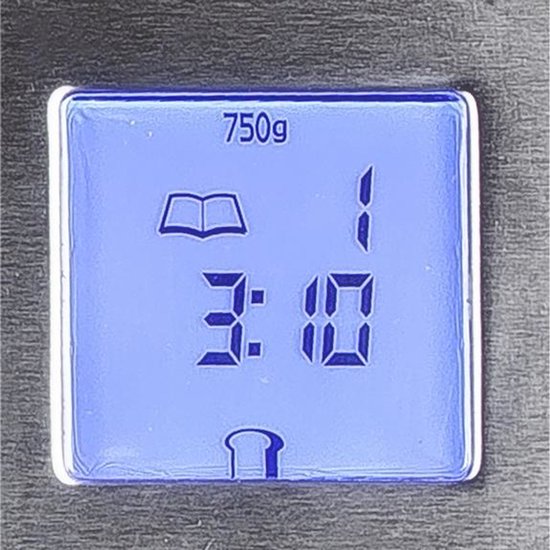 Display van broodmachine: 750g, boek-icoon, 3:10, brood-icoon.