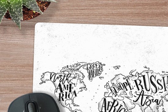 Tapis de souris XXL - Sous-main - Tapis de bureau - Wereldkaart - Zwart - Wit - Lettres - 50x50 cm - Tapis de souris XXL