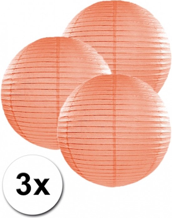3 perzik kleurige lampionnen 25 cm