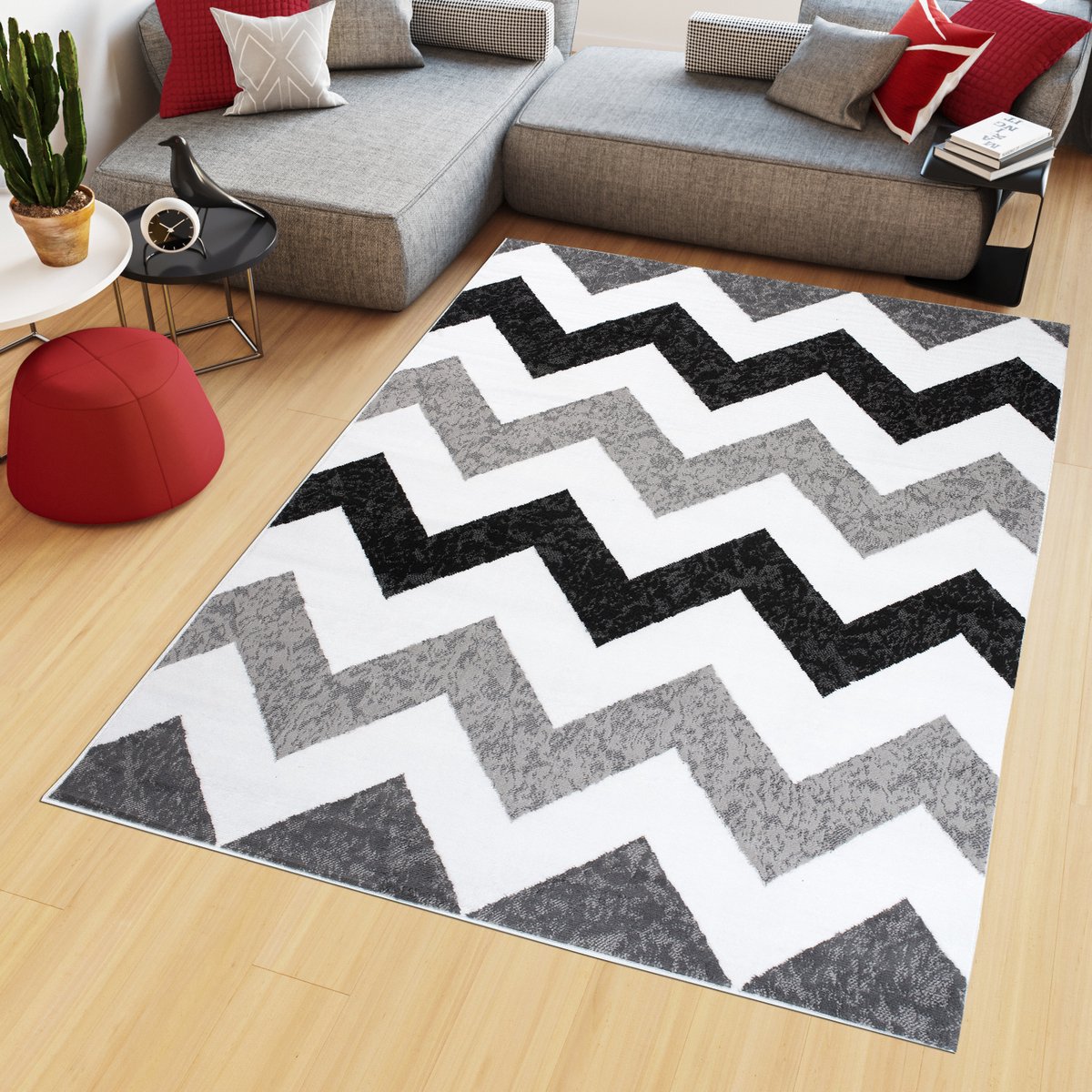 Tapiso Maya Vloerkleed Grijs Laagpolig Zigzag Tapijten Maat- 200x200