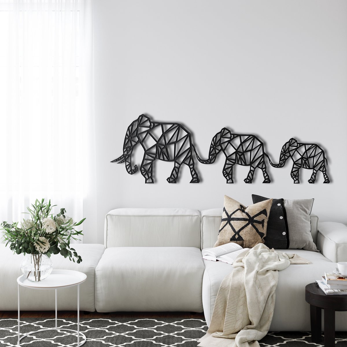 Wanddecoratie | Geometrische Olifantenfamilie / Geometric Elephant Family | Metal - Wall Art | Muurdecoratie | Woonkamer |Zwart| 60x19cm