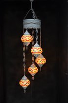 Hanglamp multicolour bruin glas mozaïek 5 bollen Turkse Oosterse Crèmewit Marokkaanse kroonluchter