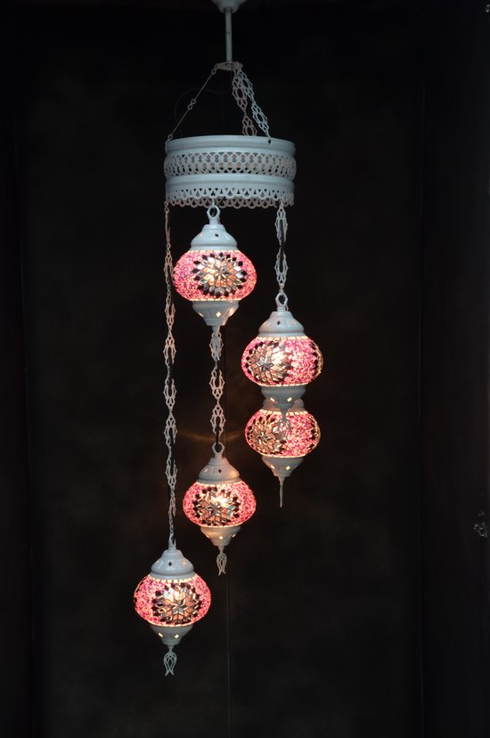 Hanglamp multicolour roos paars glas mozaïek 5 bollen Turkse Oosterse Crèmewit Marokkaanse kroonluchter