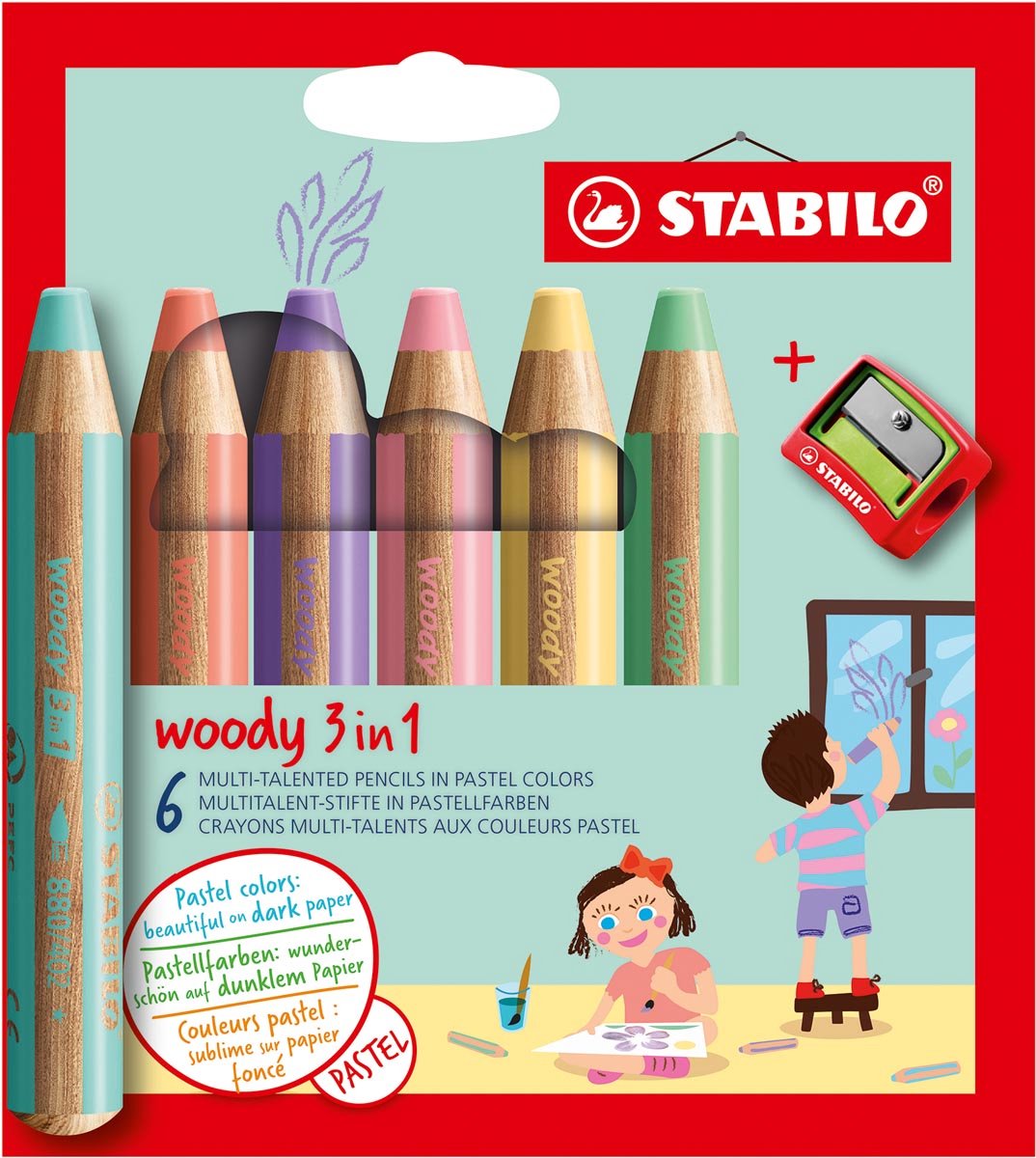 Kleurpotloden STABILO Woody 880/18 set à 6 pastelkleuren met puntenslijper | 5 stuks