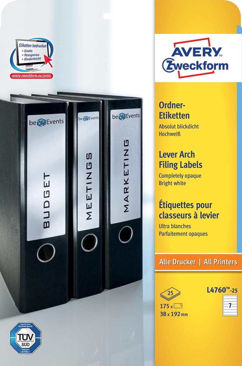 Avery Zweckform L4760-25 ordnerrugetiketten ft 19,2 x 3,8 cm (b x h), 175 etiketten, wit 5 stuks