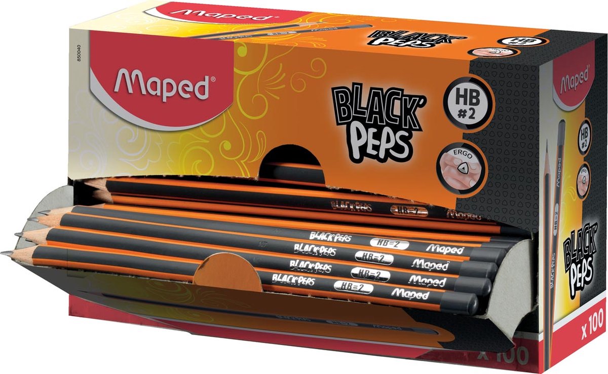 Maped potlood Black'Peps HB, zonder gum, kartonnen displaydoos van 100 stuks