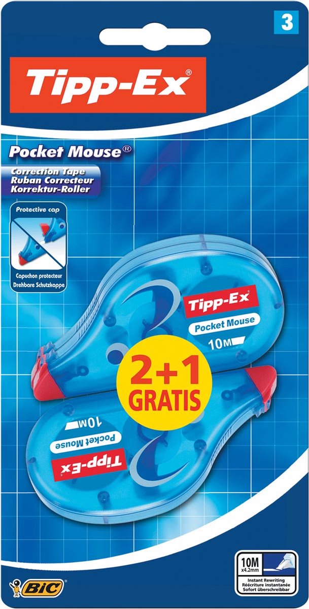 Tipp-Ex Pocket Mouse Correctierollers - 10 m x 4.2 mm - Pak van 2+1 Stuks - Tipp-Ex