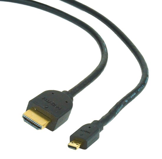 Gedetailleerde weergave van een zwarte HDMI naar Micro HDMI kabel met gouden connectoren.