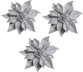 3x Kerstboomversiering bloem op clip zilveren kerstster 18 cm - kerstfiguren - zilveren kerstversieringen