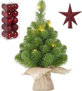 Kunst kerstboom met 10 LED lampjes 45 cm inclusief rode versiering 21-delig - Mini kerstboompjes