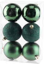 6x stuks kerstballen 8 cm donkergroen kunststof - Mat/glans/glitter - Onbreekbare plastic kerstballen - Kerstversiering
