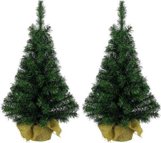 6x stuks volle kleine/mini kerstbomen groen in jute zak 45 cm – Kunst kerstbomen / kunstbomen
