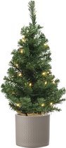 Volle mini kerstboom groen in jute zak met verlichting 60 cm - Inclusief taupe plantenpot 12,5 x 13,5 cm - Kunstboompjes