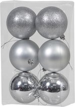 6x Zilveren kunststof kerstballen 8 cm - Glans/mat/glitter - Onbreekbare plastic kerstballen zilver