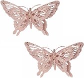 Set van 4x stuks kerstboomversiering roze glitter vlinders op clip 15 cm