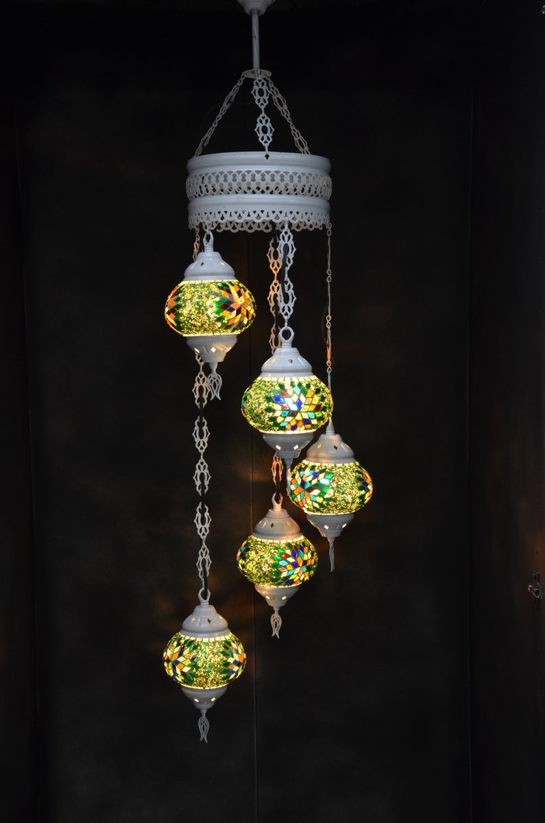 Hanglamp multicolour pastel groen glas mozaïek 5 bollen Turkse Oosterse Crèmewit Marokkaanse kroonluchter