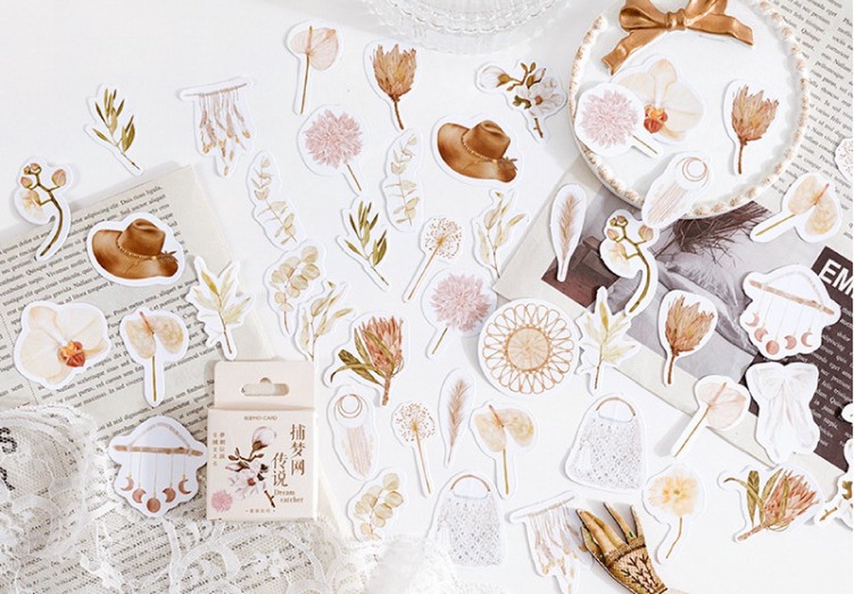 46 Stickers Soft Flowers / Dreamcatcher - Bullet Journal Stickers - Planner Agenda Stickers - Planten - Bloemen - Scrapbook stickers - Laptop stickers - Telefoon stickers - Bujo stickers - Stickers volwassenen en kinderen — afbeelding 6