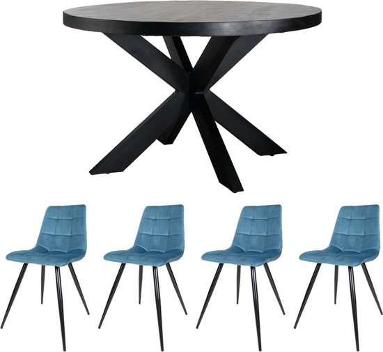 Home67 Set - Table à manger Bob Bois de manguier Zwart ø130 cm + 4 x Chaise de salle à manger Galgary - Velours Petrol