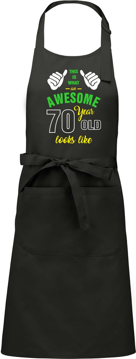 Leeftijd cadeau - Luxe keukenschort - BBQ schort - verjaardag - Awesome 70 jaar - chique grijs