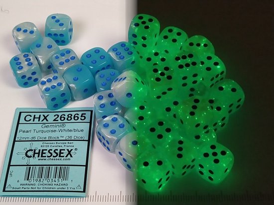 36 dés 6 12mm Gemini vert/violet avec points dorés