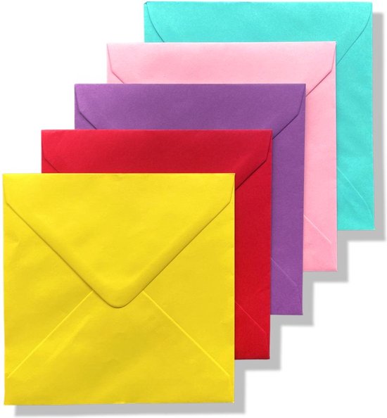 50 Cards & Crafts Luxe gekleurde Vierkante Enveloppen | fel / donkere kleuren 14x14cm | puntklepsluiting