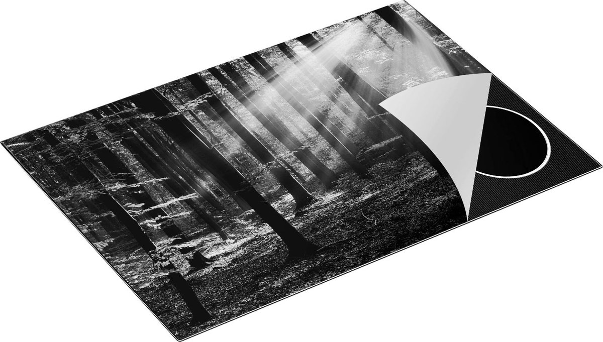 Chefcare Inductie Beschermer Bos met Zon tussen de Bomen - Zwart Wit - 77x51 cm - Afdekplaat Inductie - Kookplaat Beschermer - Inductie Mat