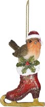 Clayre & Eef Kersthanger Vogel 8 cm Rood Bruin Kunststof Kerstbal